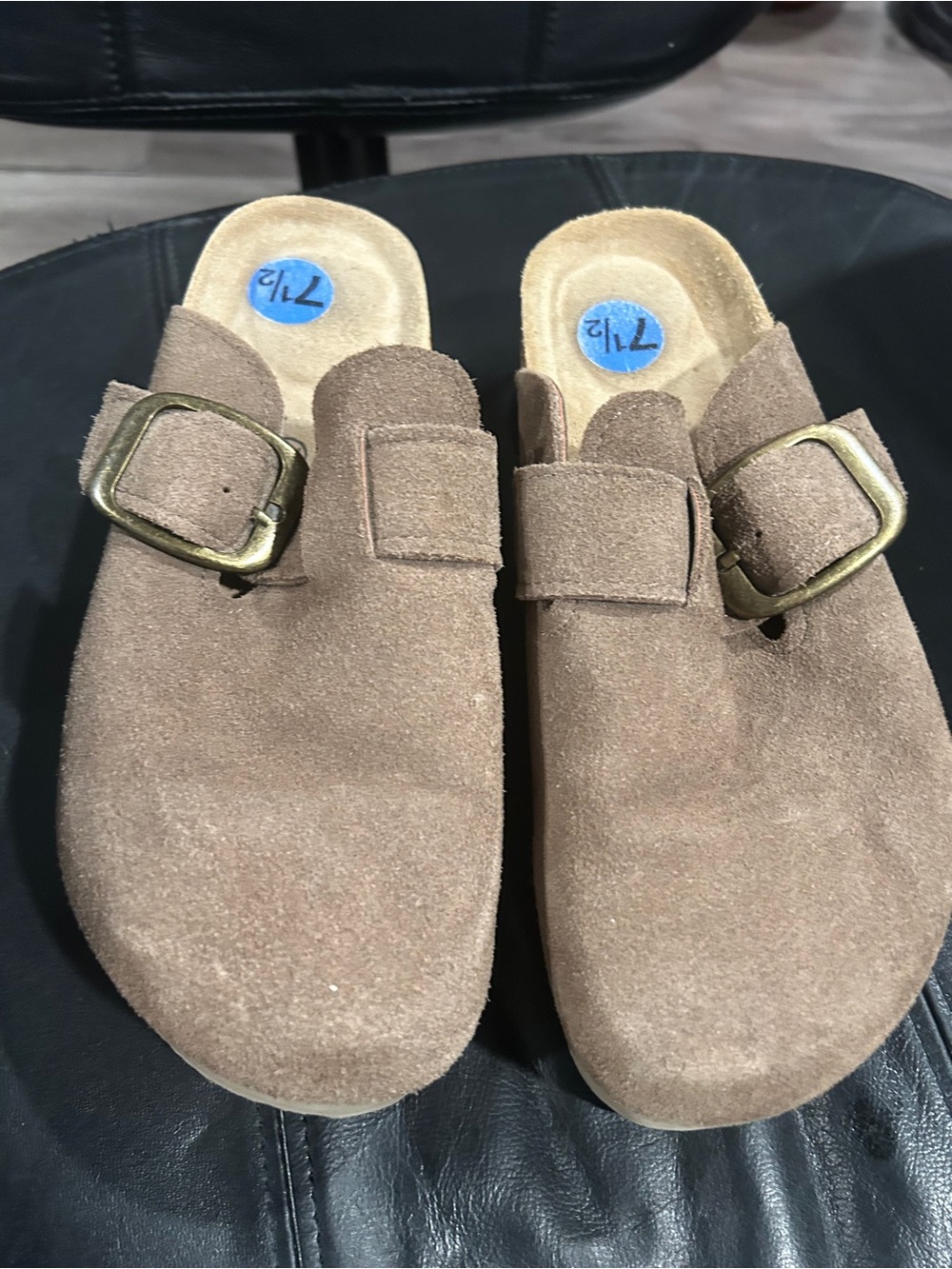 Women's Suede Slip-On Mules with Buckle - Brown